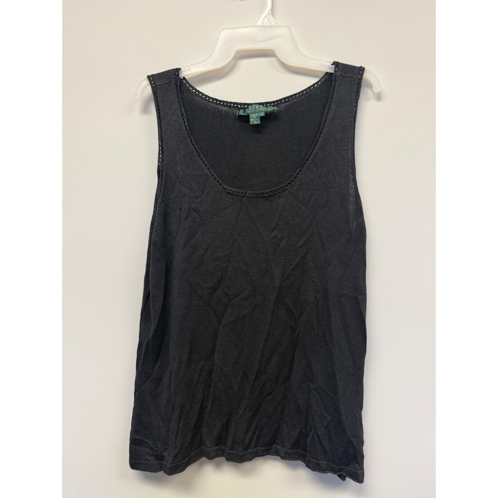 Lauren Ralph Lauren Womens Black 100% Silk Knit Tank Top Crochet Trim XL